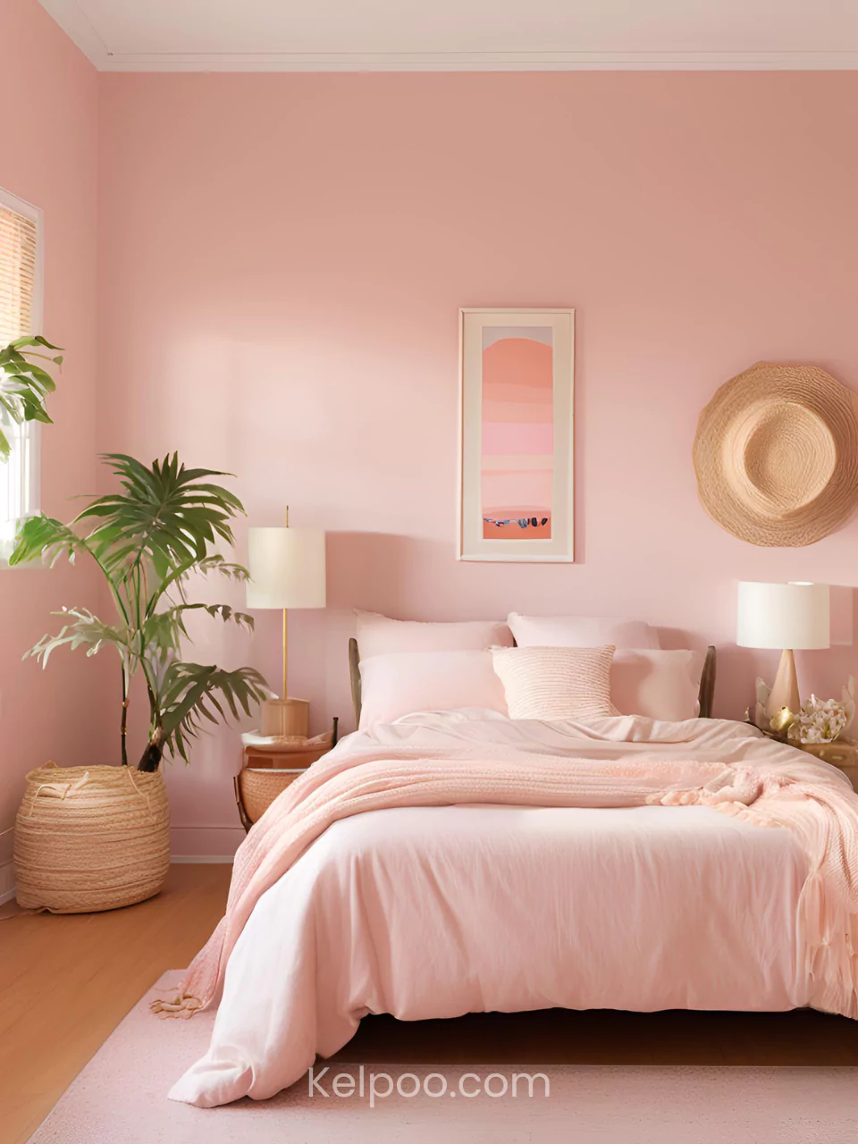 Kamar tidur berwarna pink lembut yang menciptakan suasana tenang dan feminin.