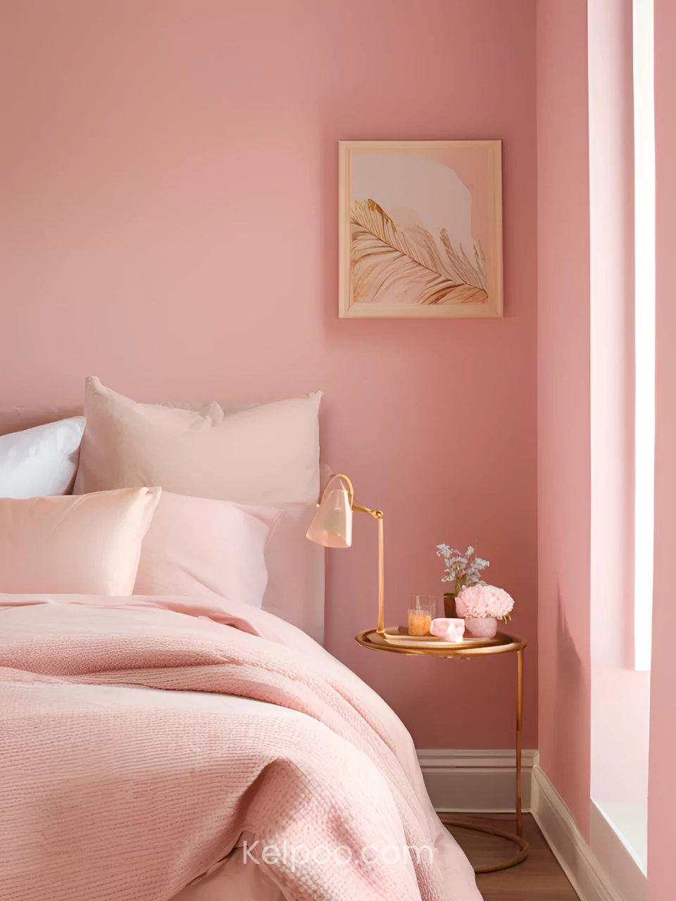 Warna pink pastel pada dinding kamar tidur yang memberikan kesan lembut dan nyaman.