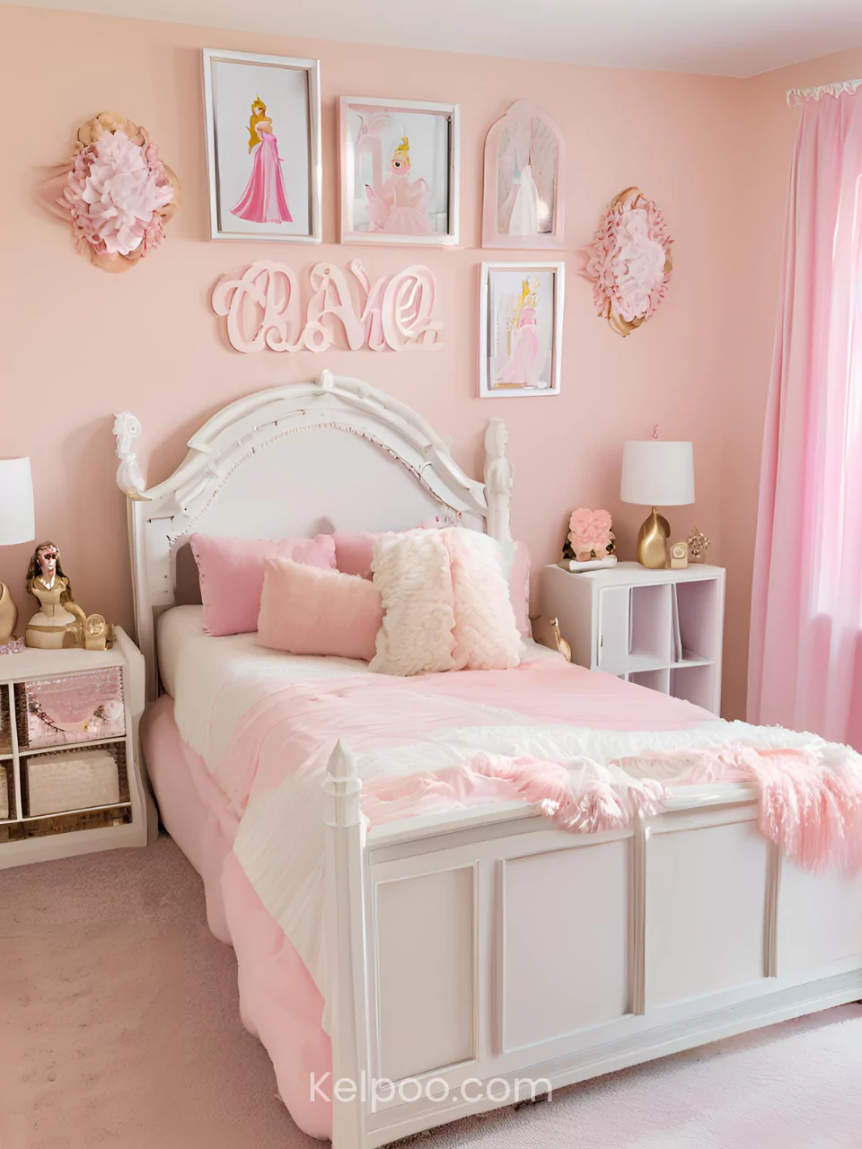 Kamar anak perempuan dengan dekorasi tema princess, didominasi warna pink lembut.