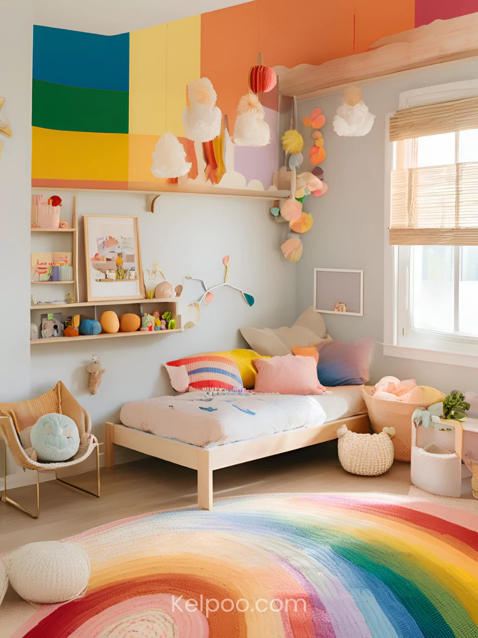 Dinding kamar anak dengan mural warna-warni seperti pelangi.