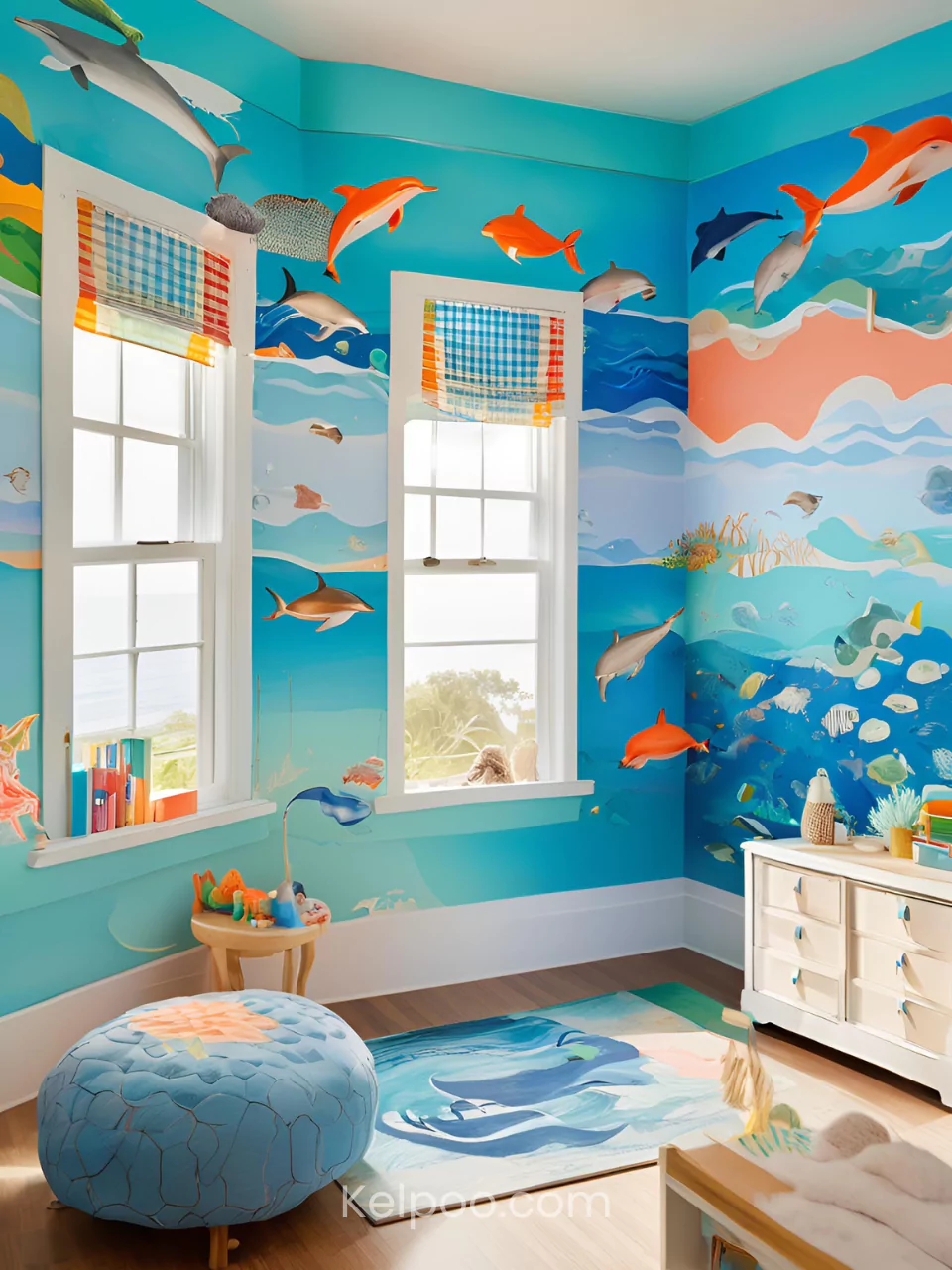 Kamar anak dengan tema laut, dihiasi mural ikan dan ombak biru.