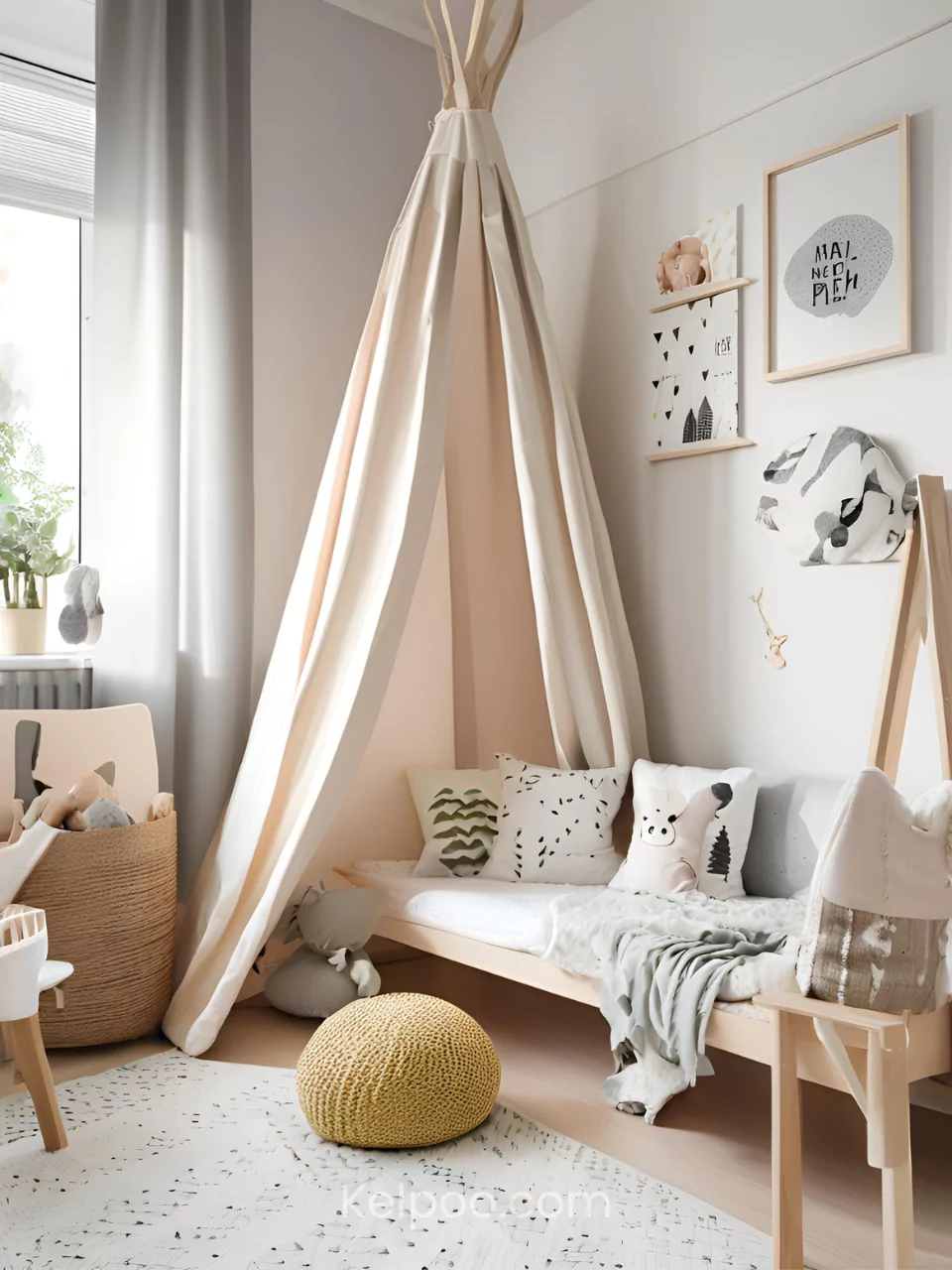 Dekorasi minimalis kamar skandinavia dengan furnitur kayu natural.