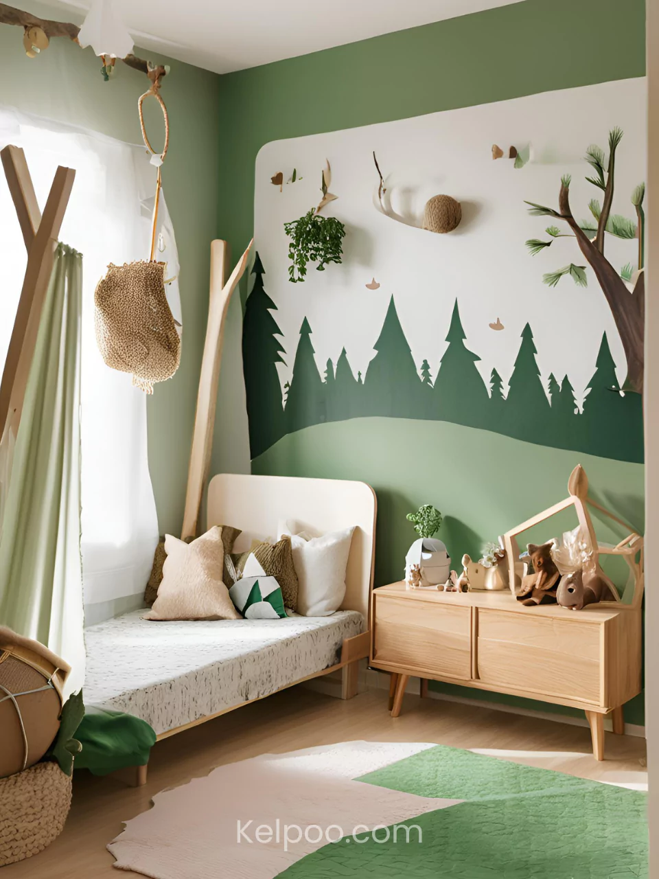 Kamar anak dengan tema alam, dihiasi mural pohon dan furnitur kayu.