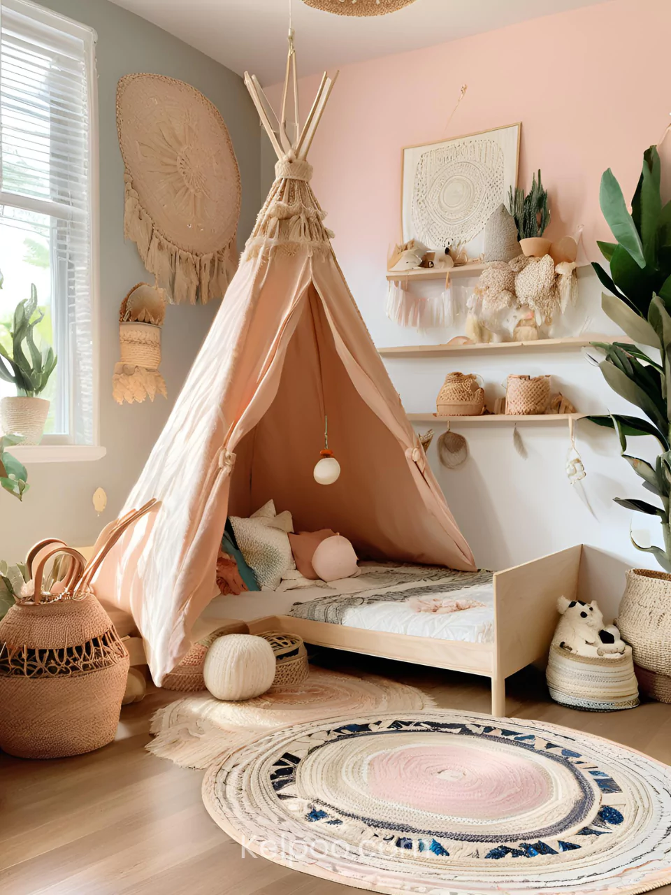 Tempat tidur boho dengan selimut bermotif tribal dan bantal berwarna cerah.