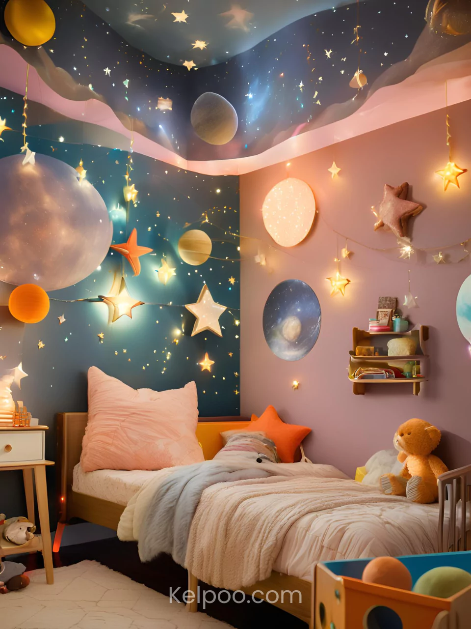 Dinding kamar anak bertema angkasa dengan mural planet dan bintang-bintang.