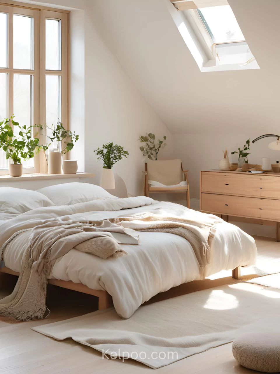 Kamar tidur cozy bergaya Skandinavia dengan selimut wol dan bantal linen.