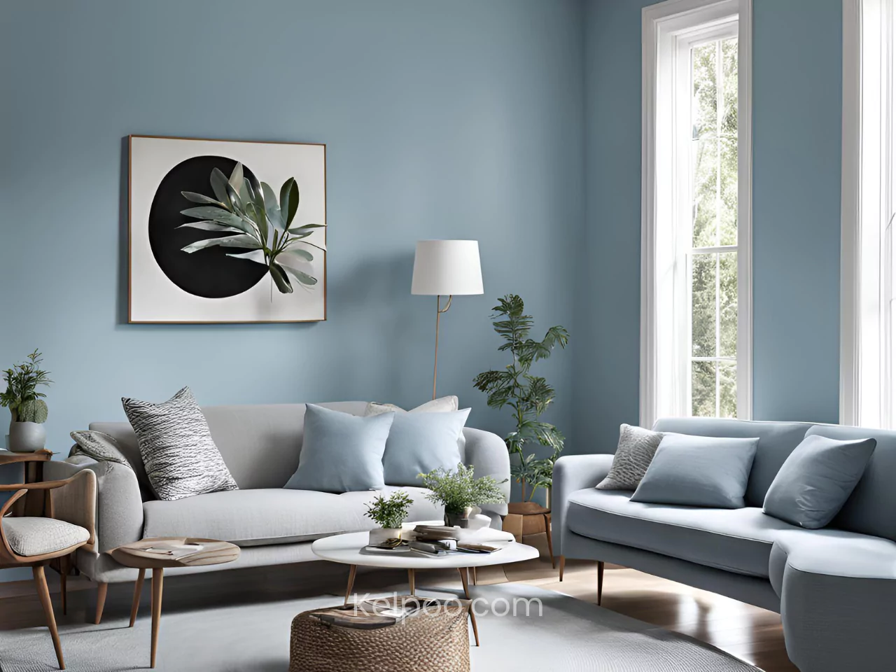 Ruang tamu dengan dinding biru pastel dan dihiasi furnitur modern.